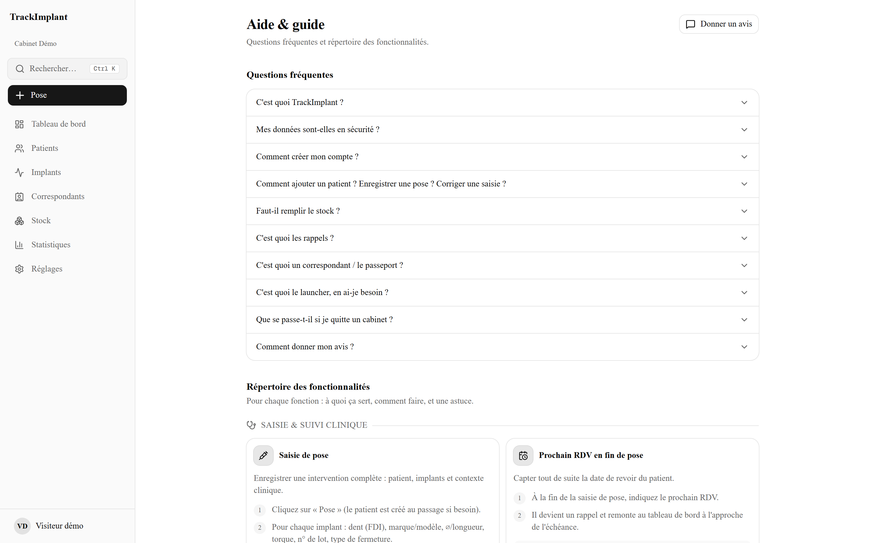 Aide intégrée — FAQ et répertoire des fonctionnalités
